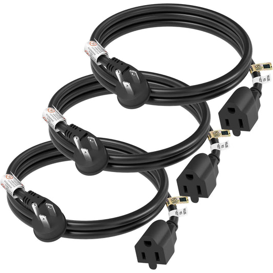 FIRMERST 1875W Flat Plug Extension Cord 3 Feet 14 AWG 15A Black, 3 Packs